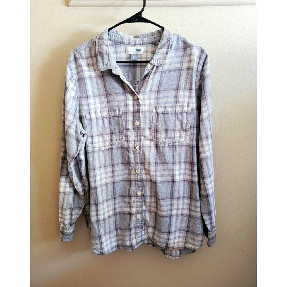 Old Navy Women's XL Plaid L/S Button Up Shirt Pockets Gray White Hipster Fall